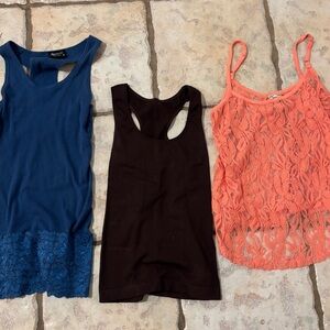 Lot of 3 Women's Lace and Solid Tank Tops Blue, dark brown, Coral medium orange
